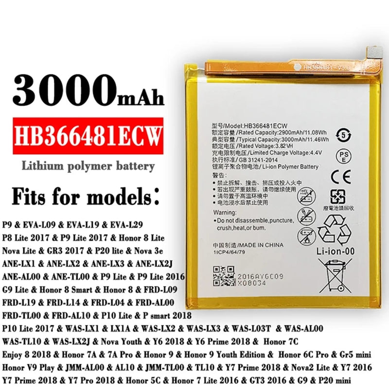 Batterie de remplacement pour Huawei Honor 8 / P9 / P9 Lite / P10 Lite / P20 Lite, HB366481ECW Batterie de remplacement pour Huawei Honor 8 / P9 / P9 Lite / P10 Lite / P20 Lite, HB366481ECW